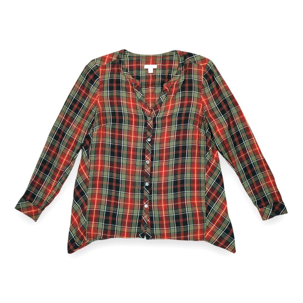 J Jill Women's Shirt Plaid Tunic Button‎ Down Size Small Petite Rayon Multicolor